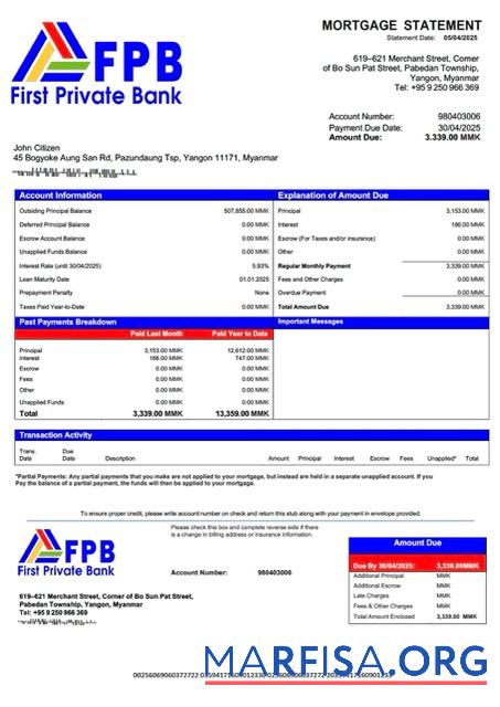 Downloadable Myanmar First Private Bank mortgage statement Word and PDF template